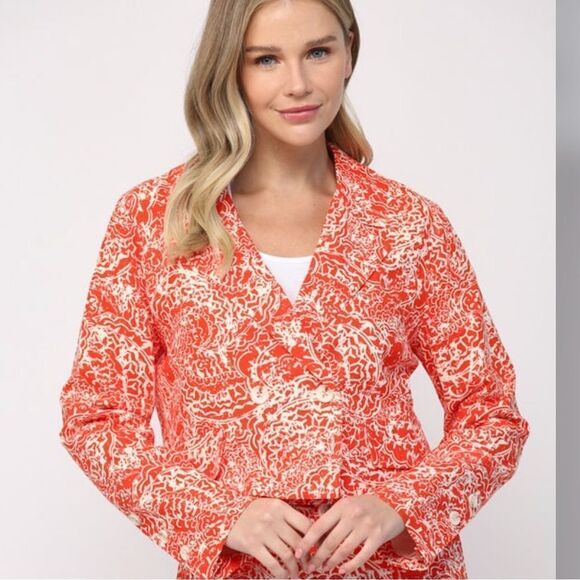 FATE Red Orange Cotton Linen Abstract Floral Cropped V Neck Spring Blazer NEW - Picture 1 of 16